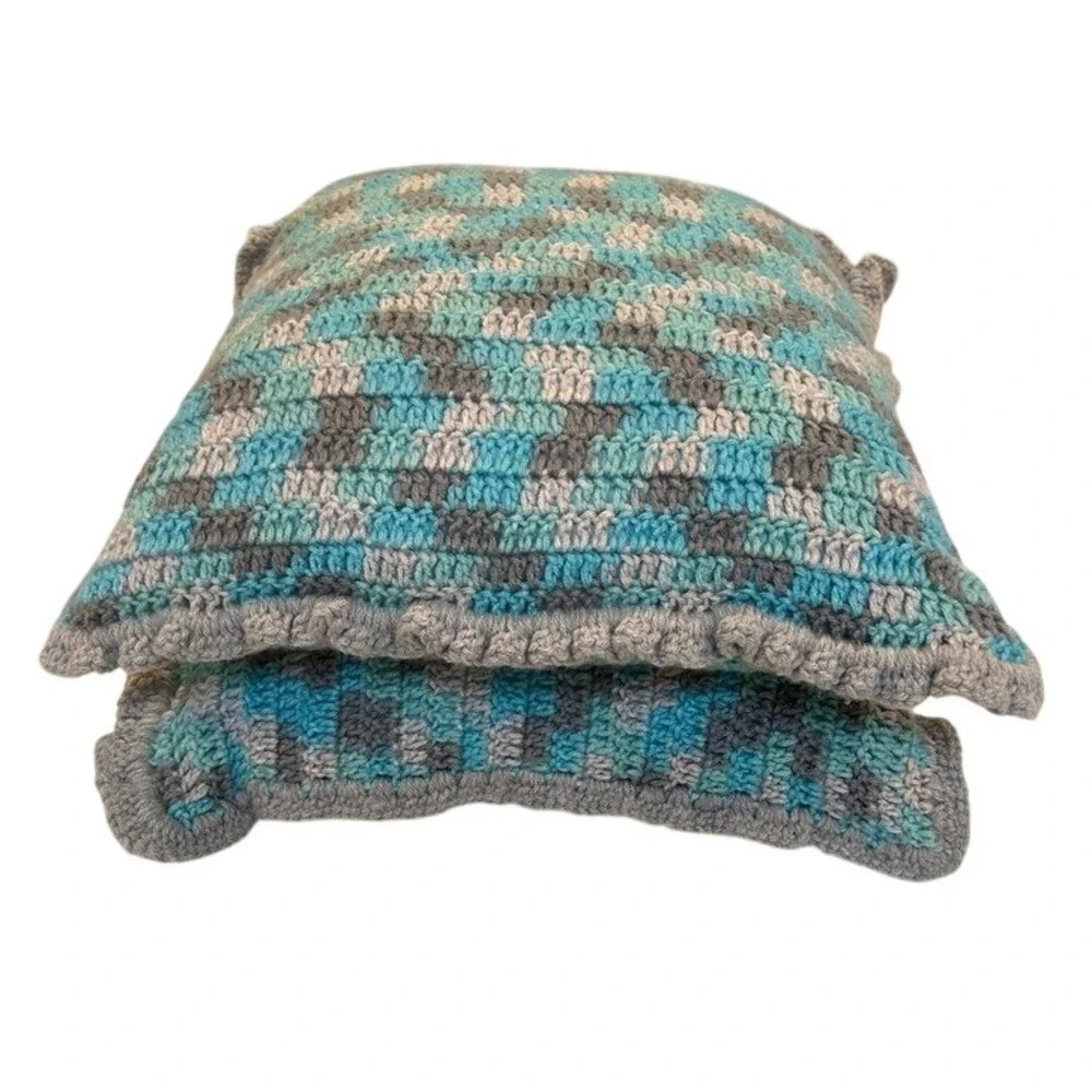 Handmade‎ crocheted rustic farmhouse decorative pillows with ruffled edges.